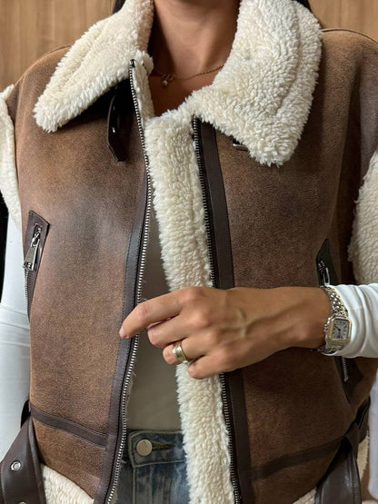 Cocolii court veste aviateur en daim molleton sans manches fermeture éclair poches ceinture femme décontracté gilet suedine