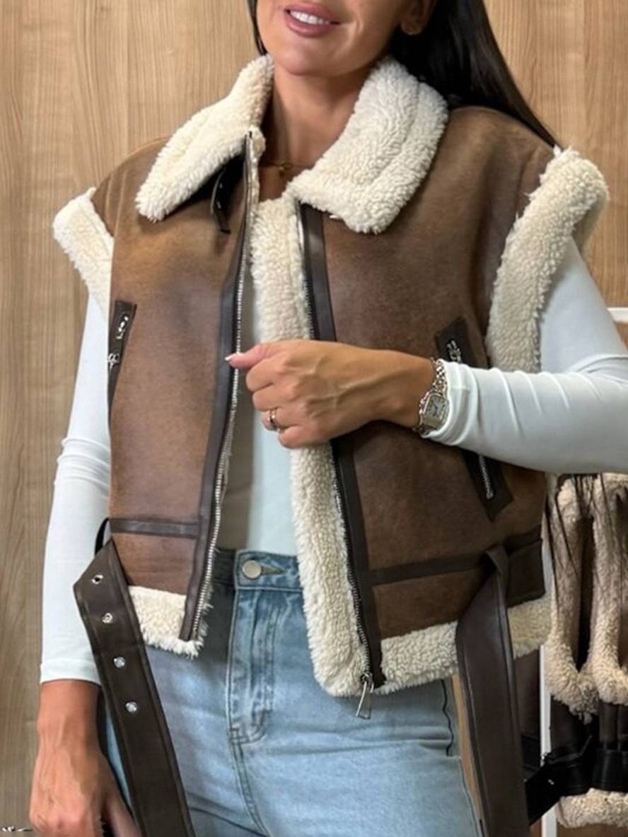 Cocolii court veste aviateur en daim molleton sans manches fermeture éclair poches ceinture femme décontracté gilet suedine
