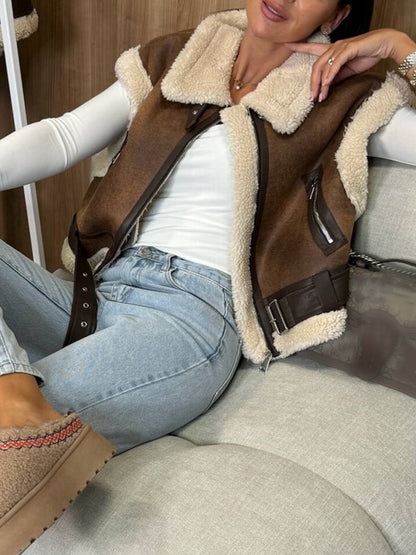 Cocolii court veste aviateur en daim molleton sans manches fermeture éclair poches ceinture femme décontracté gilet suedine