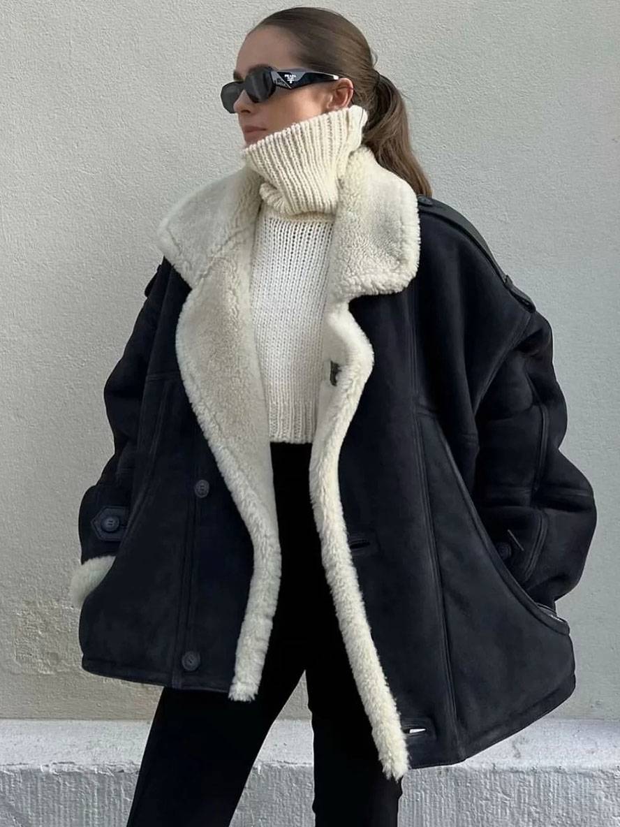 Cocolii manteau aviateur suedine doublé polaire molleton poches col revers femme vintage décontracté hiver veste