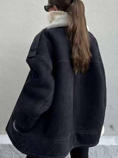 Cocolii manteau aviateur suedine doublé polaire molleton poches col revers femme vintage décontracté hiver veste