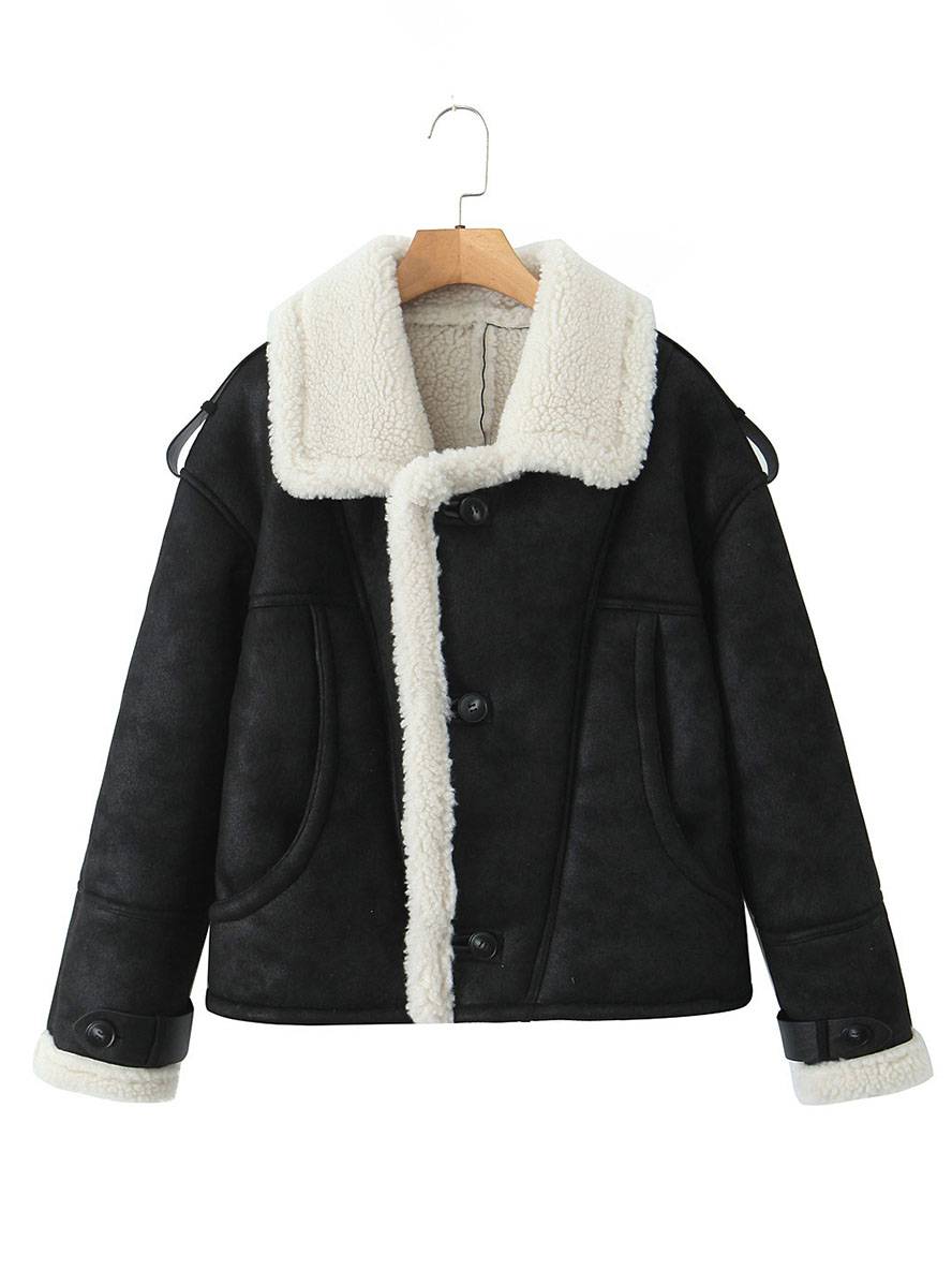 Cocolii manteau aviateur suedine doublé polaire molleton poches col revers femme vintage décontracté hiver veste