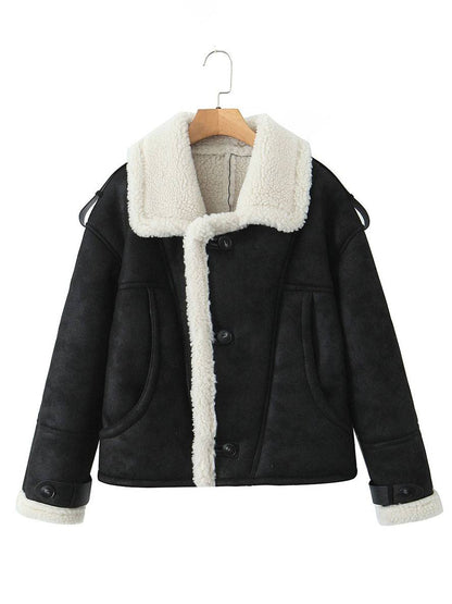 Cocolii manteau aviateur suedine doublé polaire molleton poches col revers femme vintage décontracté hiver veste