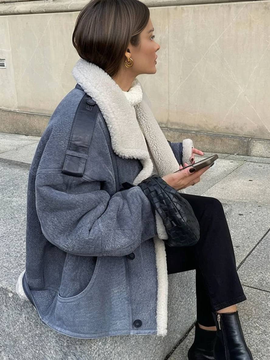 Cocolii manteau aviateur suedine doublé polaire molleton poches col revers femme vintage décontracté hiver veste