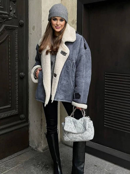 Cocolii manteau aviateur suedine doublé polaire molleton poches col revers femme vintage décontracté hiver veste