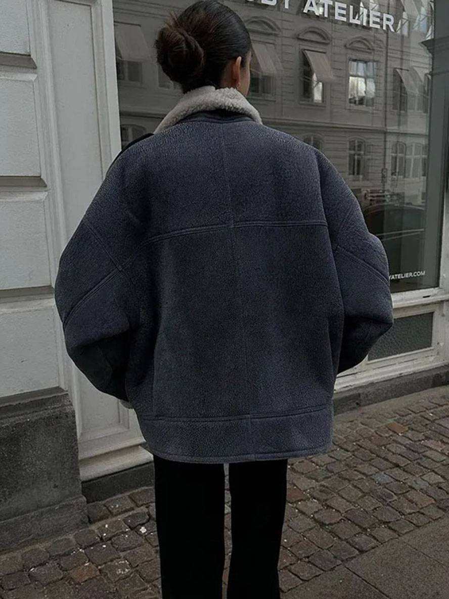 Cocolii manteau aviateur suedine doublé polaire molleton poches col revers femme vintage décontracté hiver veste