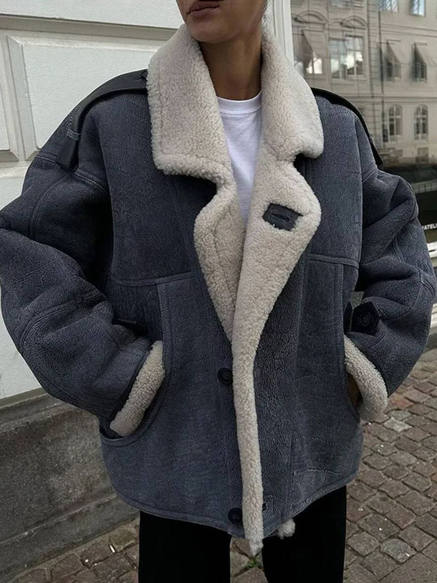 Cocolii manteau aviateur suedine doublé polaire molleton poches col revers femme vintage décontracté hiver veste