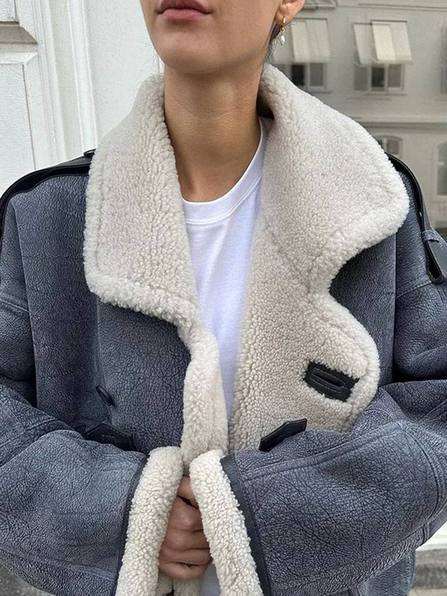 Cocolii manteau aviateur suedine doublé polaire molleton poches col revers femme vintage décontracté hiver veste