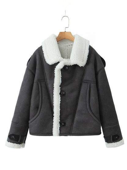 Cocolii manteau aviateur suedine doublé polaire molleton poches col revers femme vintage décontracté hiver veste