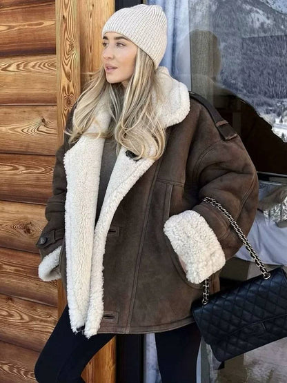 Cocolii manteau aviateur suedine doublé polaire molleton poches col revers femme vintage décontracté hiver veste