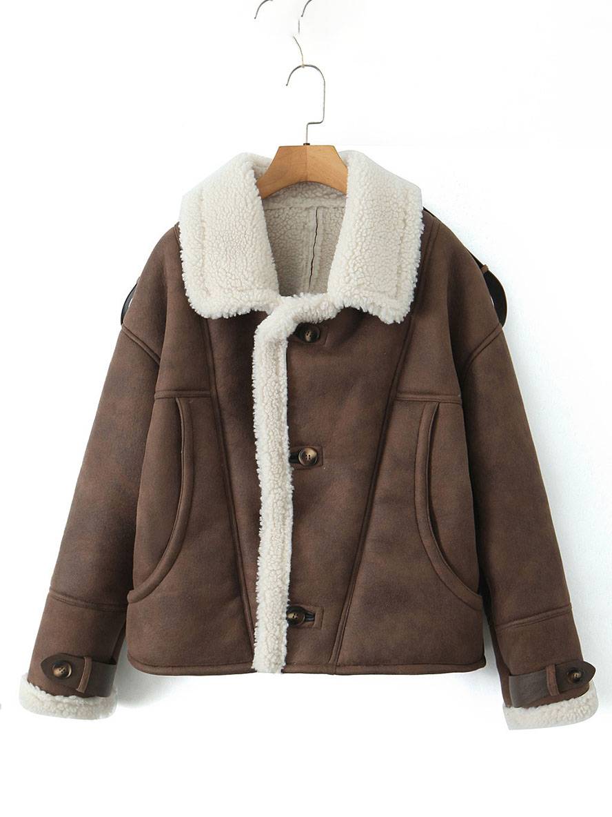 Cocolii manteau aviateur suedine doublé polaire molleton poches col revers femme vintage décontracté hiver veste