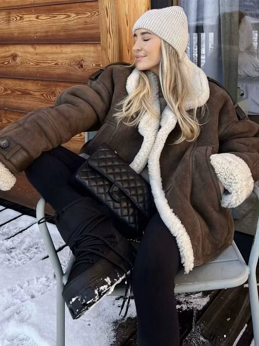 Cocolii manteau aviateur suedine doublé polaire molleton poches col revers femme vintage décontracté hiver veste