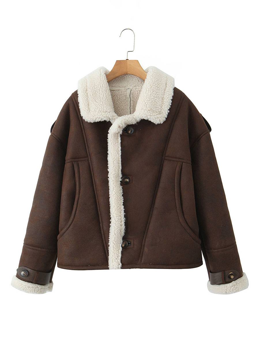 Cocolii manteau aviateur suedine doublé polaire molleton poches col revers femme vintage décontracté hiver veste