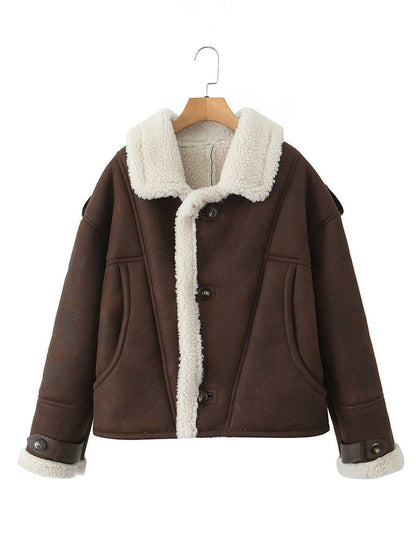 Cocolii manteau aviateur suedine doublé polaire molleton poches col revers femme vintage décontracté hiver veste
