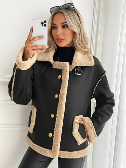 Cocolii manteau aviateur femme hiver style peau de mouton veste chaude en similicuir doublée fourrure col revers décontracté