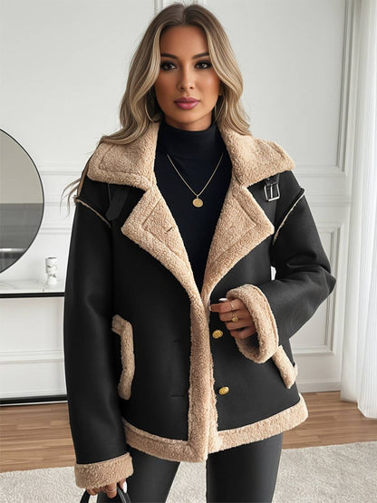 Cocolii manteau aviateur femme hiver style peau de mouton veste chaude en similicuir doublée fourrure col revers décontracté