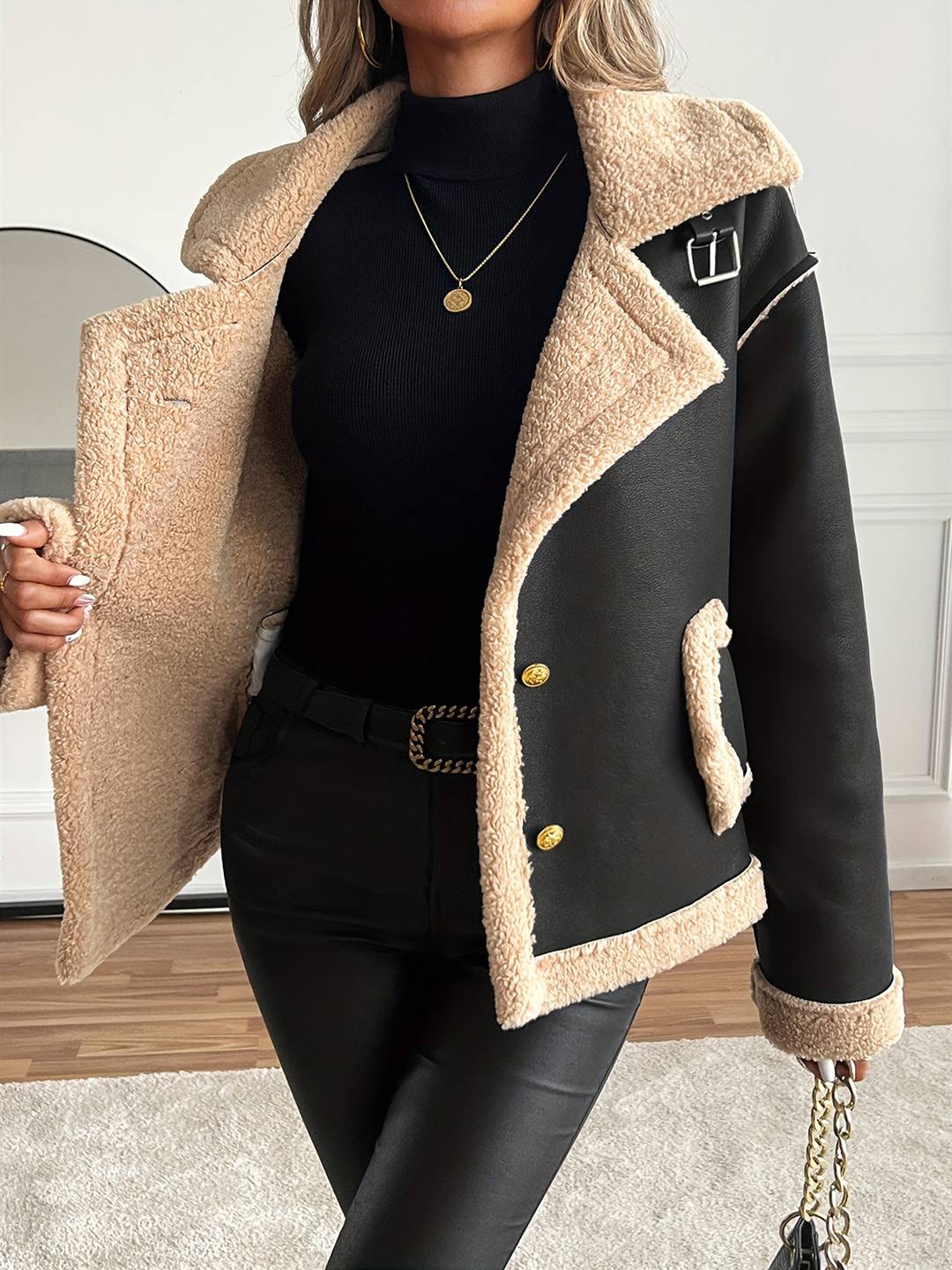 Cocolii manteau aviateur femme hiver style peau de mouton veste chaude en similicuir doublée fourrure col revers décontracté