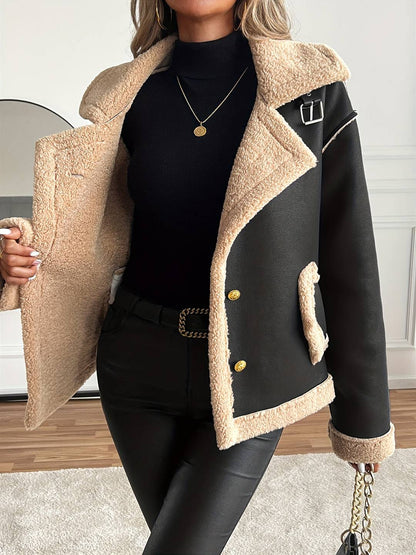 Cocolii manteau aviateur femme hiver style peau de mouton veste chaude en similicuir doublée fourrure col revers décontracté