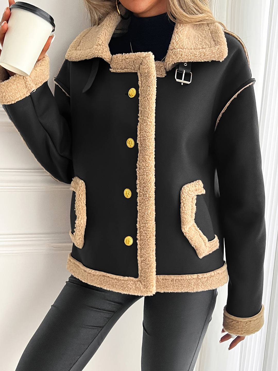 Cocolii manteau aviateur femme hiver style peau de mouton veste chaude en similicuir doublée fourrure col revers décontracté