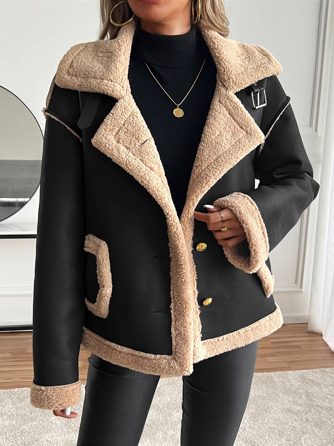 Cocolii manteau aviateur femme hiver style peau de mouton veste chaude en similicuir doublée fourrure col revers décontracté