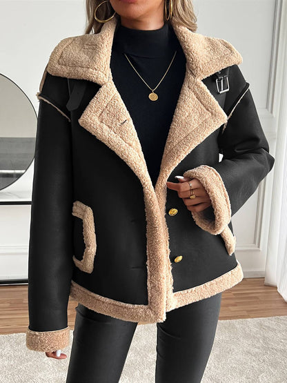 Cocolii manteau aviateur femme hiver style peau de mouton veste chaude en similicuir doublée fourrure col revers décontracté
