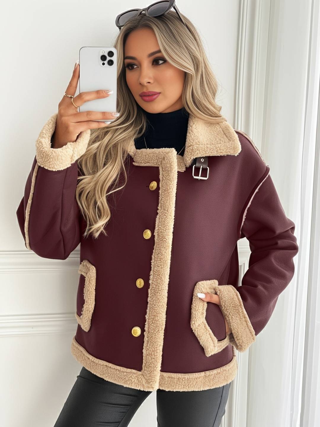Cocolii manteau aviateur femme hiver style peau de mouton veste chaude en similicuir doublée fourrure col revers décontracté