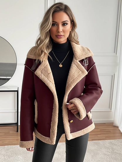 Cocolii manteau aviateur femme hiver style peau de mouton veste chaude en similicuir doublée fourrure col revers décontracté