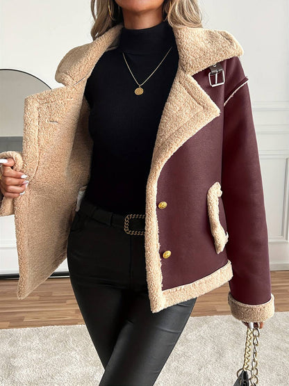 Cocolii manteau aviateur femme hiver style peau de mouton veste chaude en similicuir doublée fourrure col revers décontracté