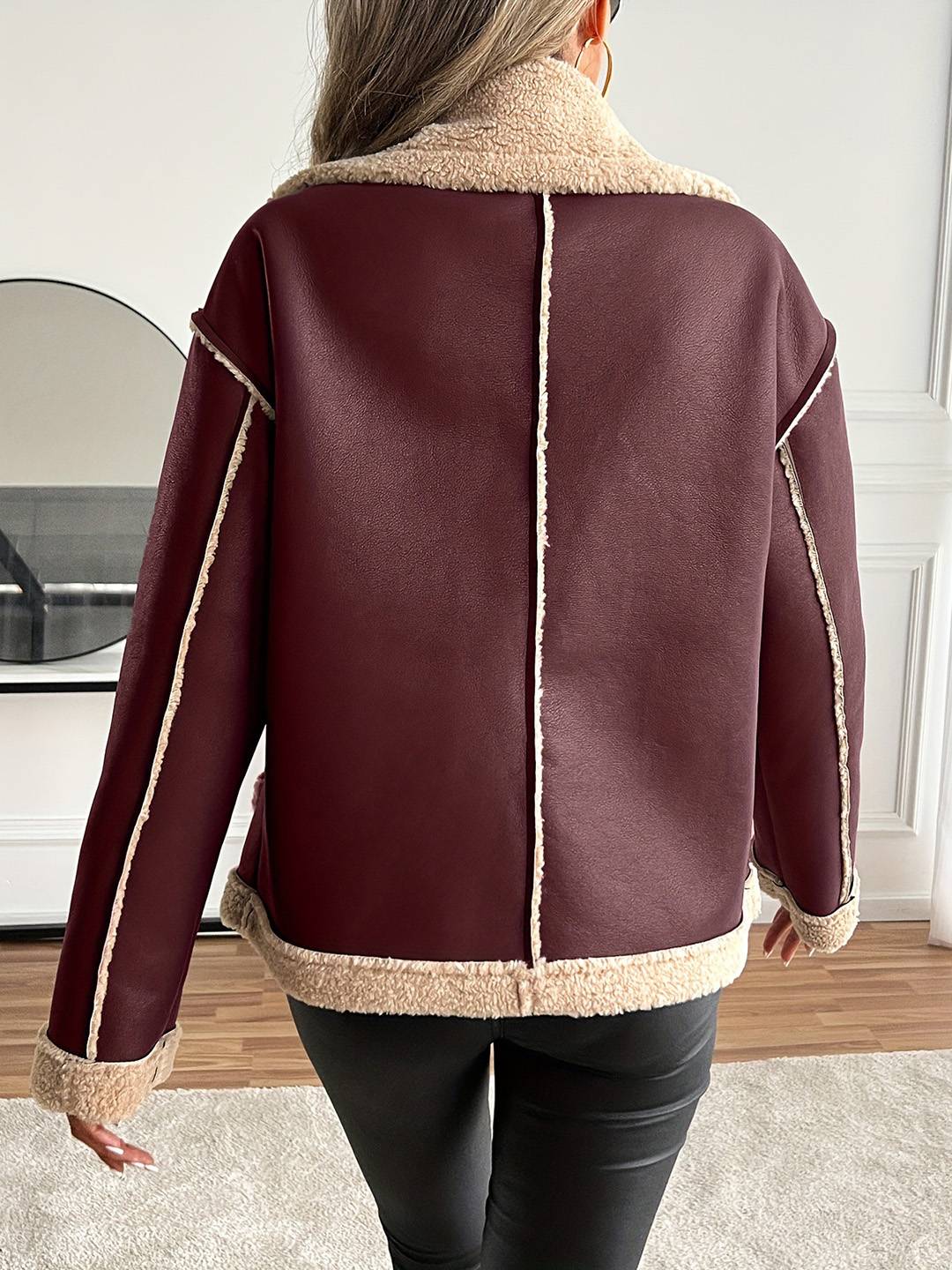 Cocolii manteau aviateur femme hiver style peau de mouton veste chaude en similicuir doublée fourrure col revers décontracté