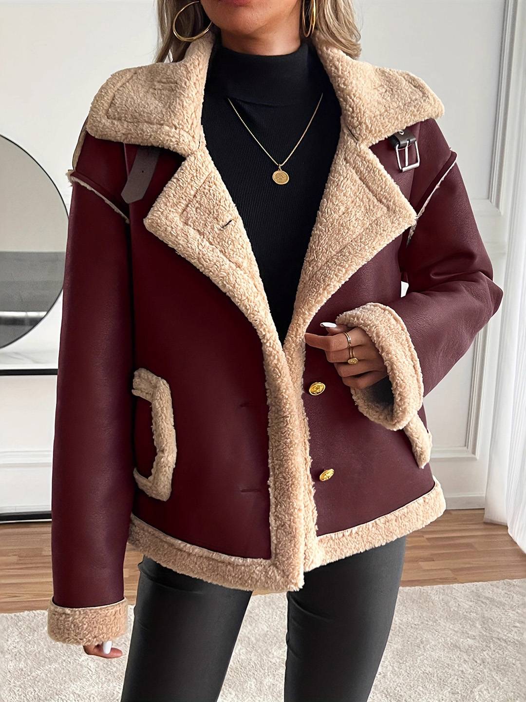 Cocolii manteau aviateur femme hiver style peau de mouton veste chaude en similicuir doublée fourrure col revers décontracté