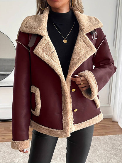 Cocolii manteau aviateur femme hiver style peau de mouton veste chaude en similicuir doublée fourrure col revers décontracté