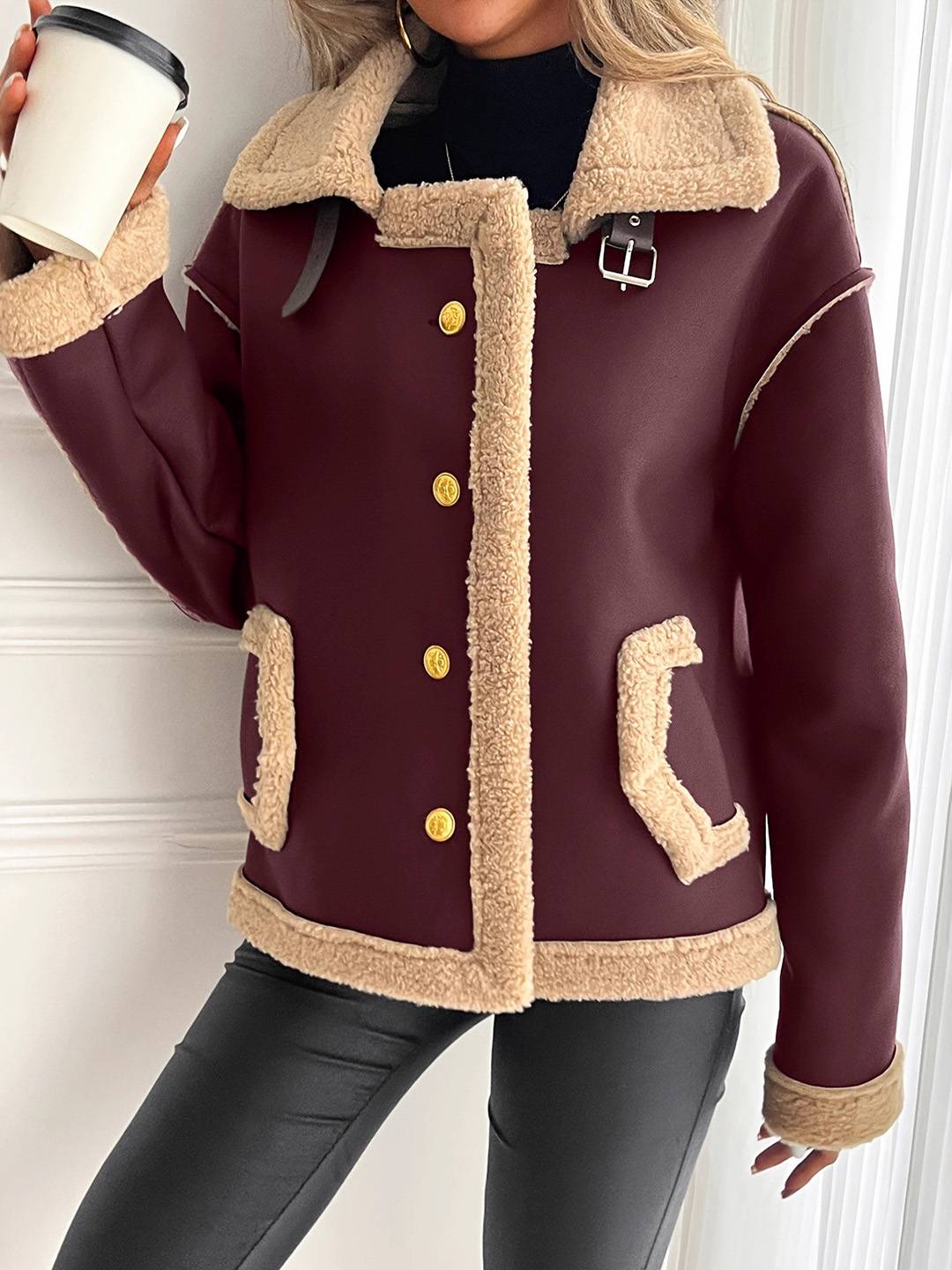 Cocolii manteau aviateur femme hiver style peau de mouton veste chaude en similicuir doublée fourrure col revers décontracté