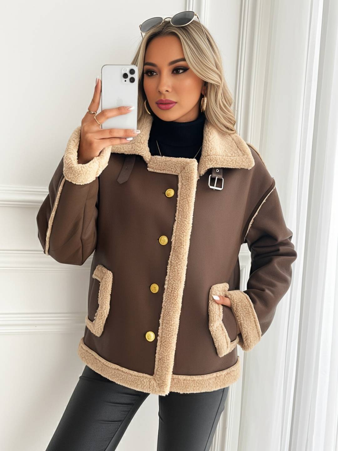 Cocolii manteau aviateur femme hiver style peau de mouton veste chaude en similicuir doublée fourrure col revers décontracté