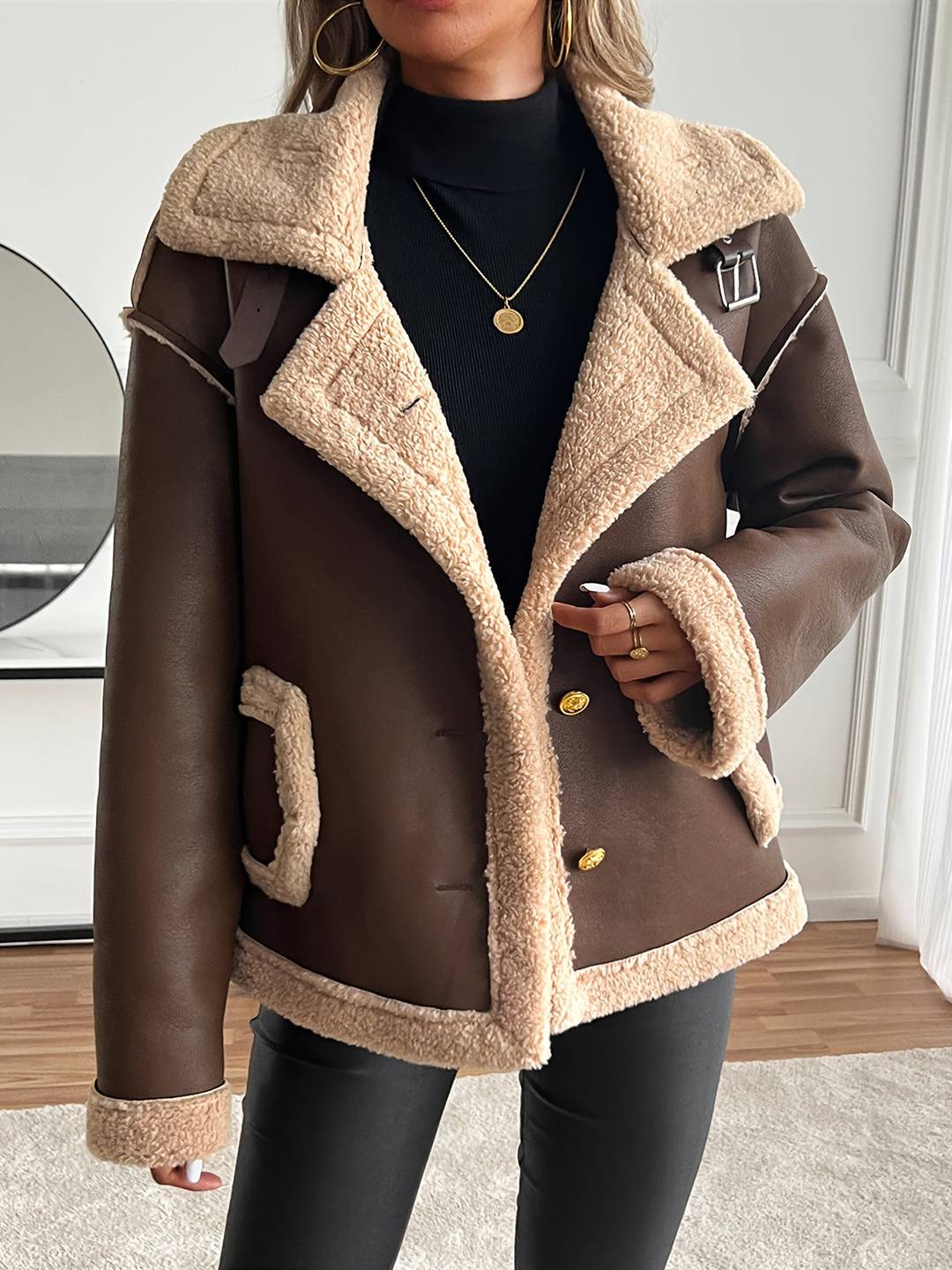 Cocolii manteau aviateur femme hiver style peau de mouton veste chaude en similicuir doublée fourrure col revers décontracté