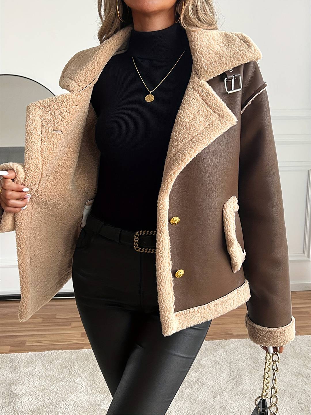 Cocolii manteau aviateur femme hiver style peau de mouton veste chaude en similicuir doublée fourrure col revers décontracté