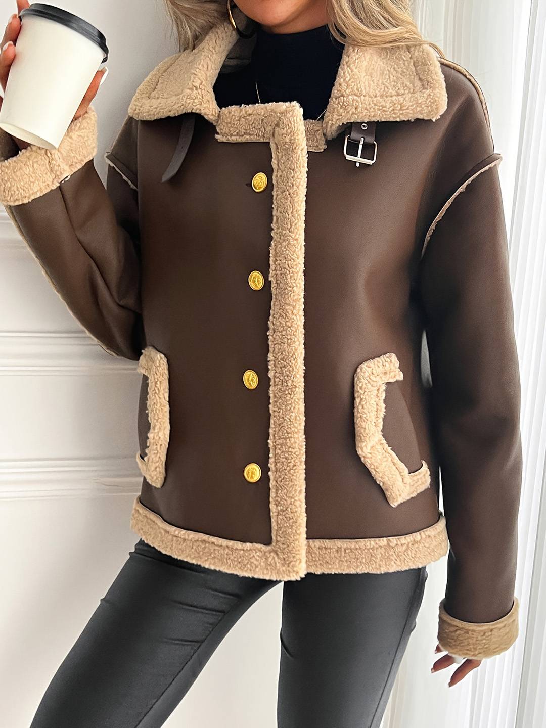 Cocolii manteau aviateur femme hiver style peau de mouton veste chaude en similicuir doublée fourrure col revers décontracté