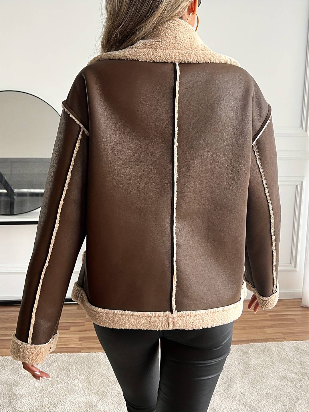 Cocolii manteau aviateur femme hiver style peau de mouton veste chaude en similicuir doublée fourrure col revers décontracté