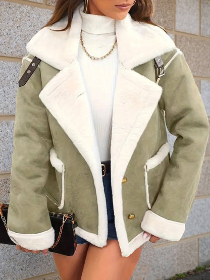 Cocolii veste aviateur femme doublé polaire poches chunky buckle col revers décontracté chaud manteau en suédine