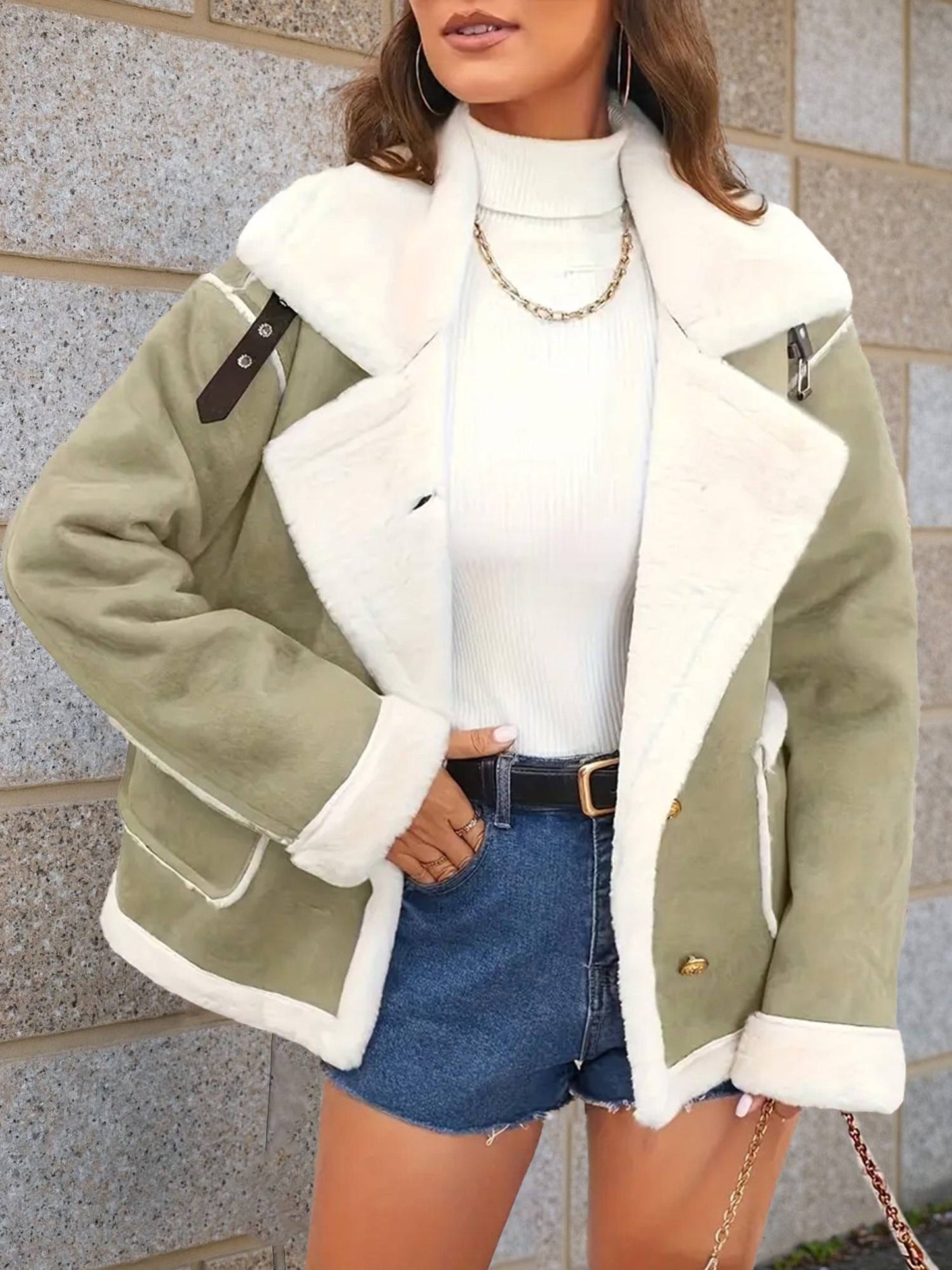 Cocolii veste aviateur femme doublé polaire poches chunky buckle col revers décontracté chaud manteau en suédine