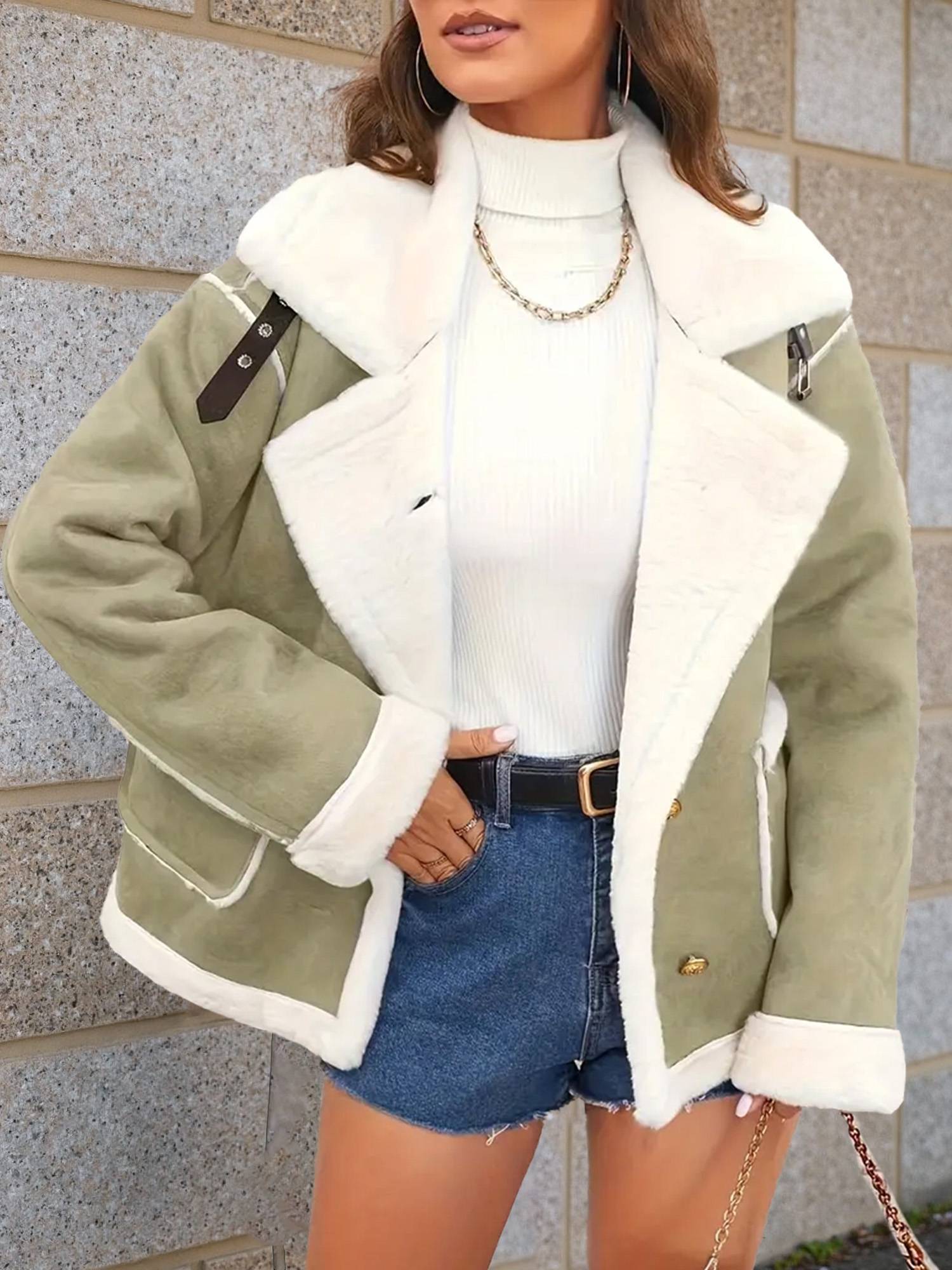 Cocolii veste aviateur femme doublé polaire poches chunky buckle col revers décontracté chaud manteau en suédine