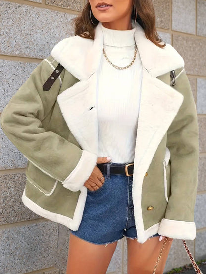 Cocolii veste aviateur femme doublé polaire poches chunky buckle col revers décontracté chaud manteau en suédine