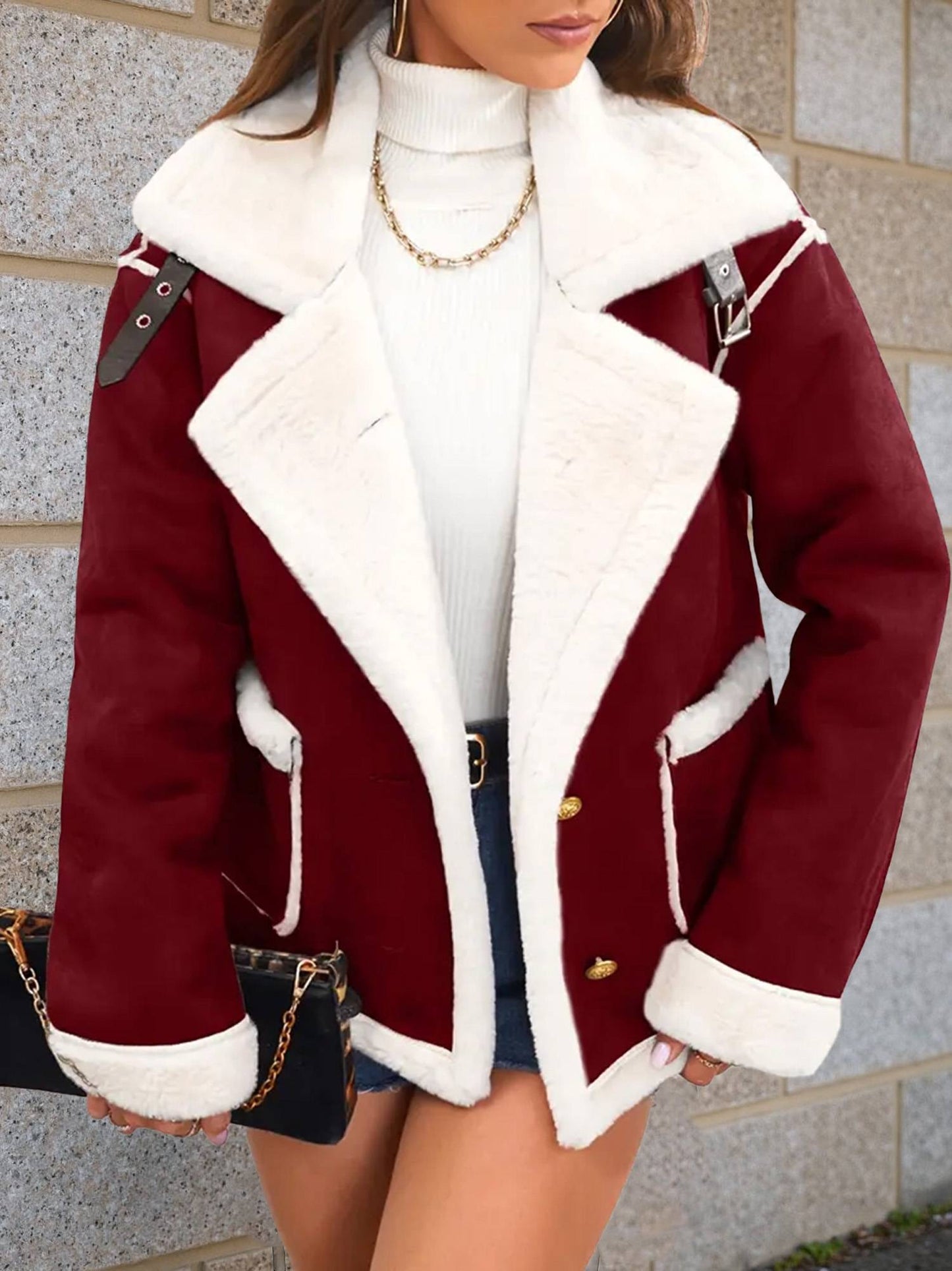 Cocolii veste aviateur femme doublé polaire poches chunky buckle col revers décontracté chaud manteau en suédine