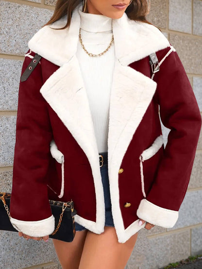 Cocolii veste aviateur femme doublé polaire poches chunky buckle col revers décontracté chaud manteau en suédine