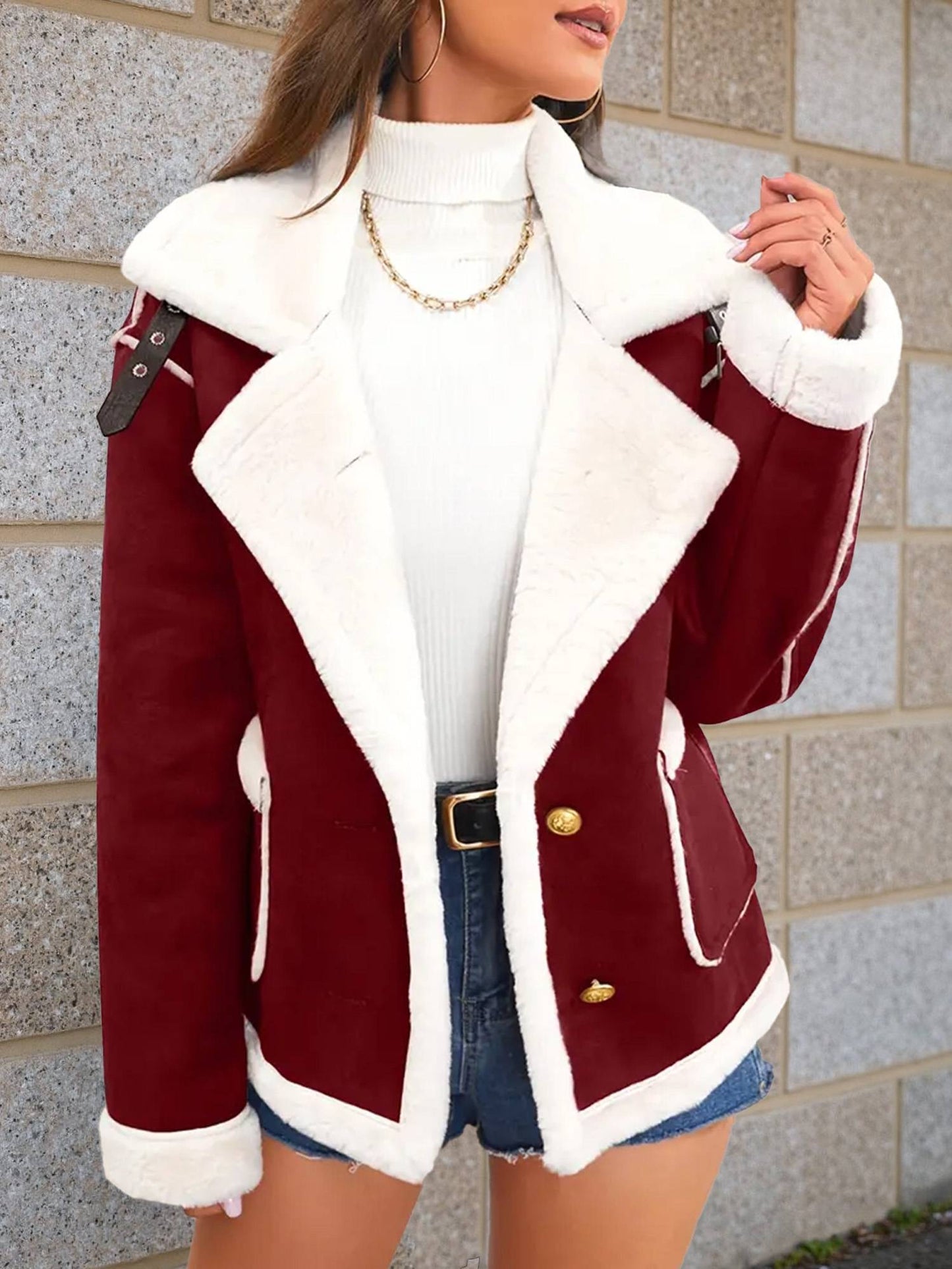 Cocolii veste aviateur femme doublé polaire poches chunky buckle col revers décontracté chaud manteau en suédine