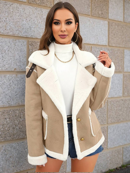 Cocolii veste aviateur femme doublé polaire poches chunky buckle col revers décontracté chaud manteau en suédine