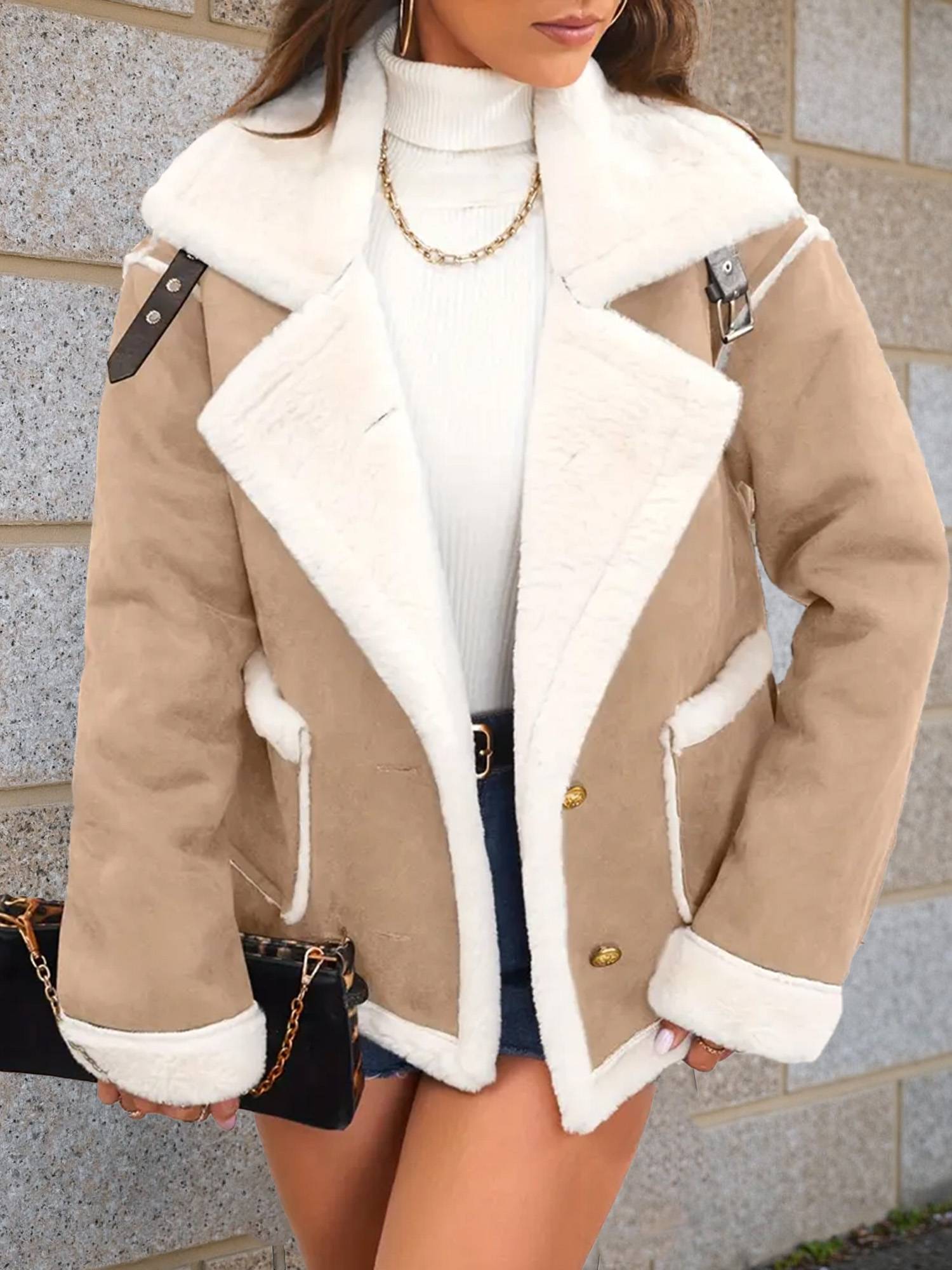 Cocolii veste aviateur femme doublé polaire poches chunky buckle col revers décontracté chaud manteau en suédine