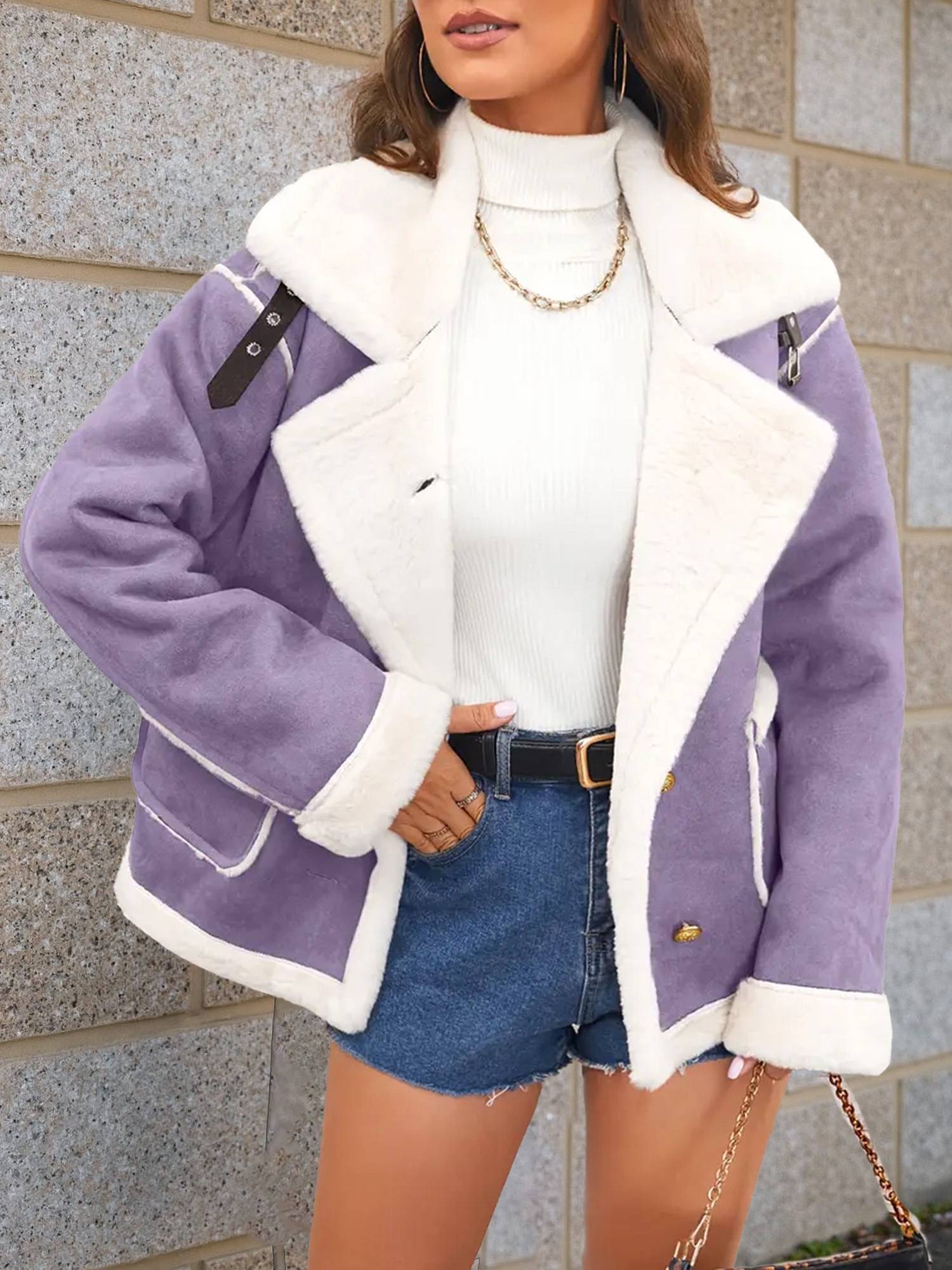 Cocolii veste aviateur femme doublé polaire poches chunky buckle col revers décontracté chaud manteau en suédine