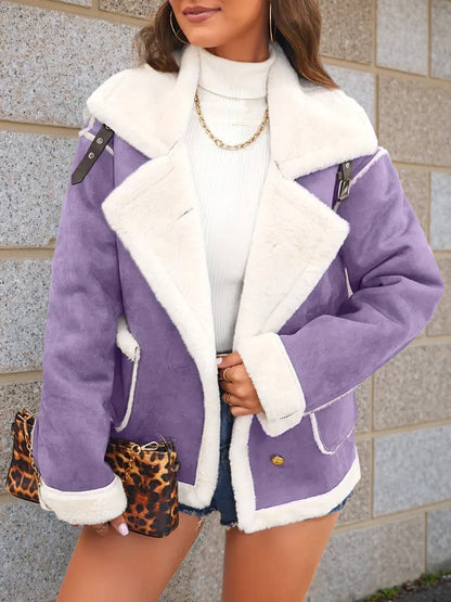 Cocolii veste aviateur femme doublé polaire poches chunky buckle col revers décontracté chaud manteau en suédine