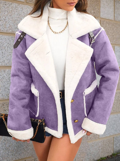 Cocolii veste aviateur femme doublé polaire poches chunky buckle col revers décontracté chaud manteau en suédine