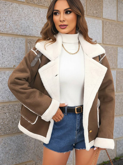 Cocolii veste aviateur femme doublé polaire poches chunky buckle col revers décontracté chaud manteau en suédine